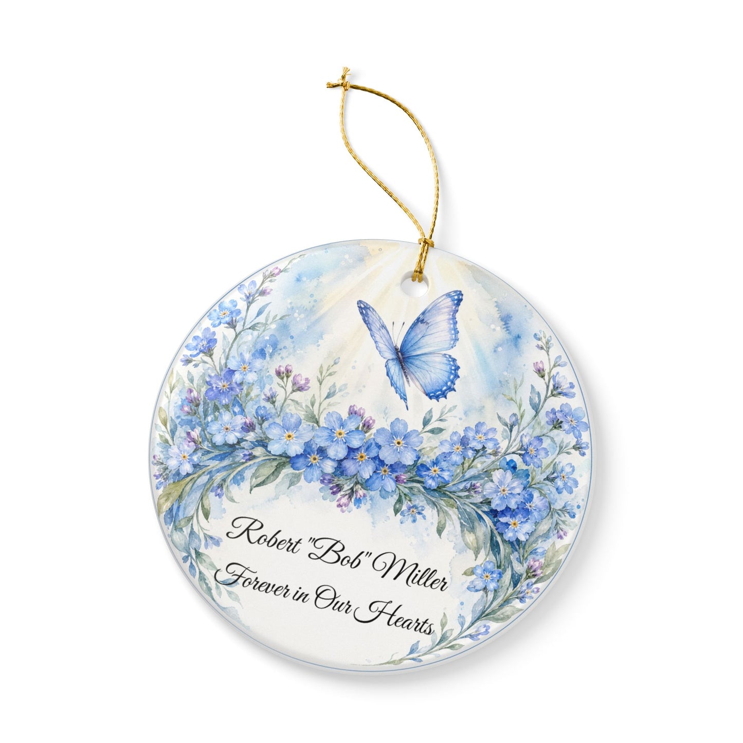 Memorial Ornament Personalized with Name, Butterfly Forget Me Not Remembrance Keepsake, In Loving Memory Sympathy Gift