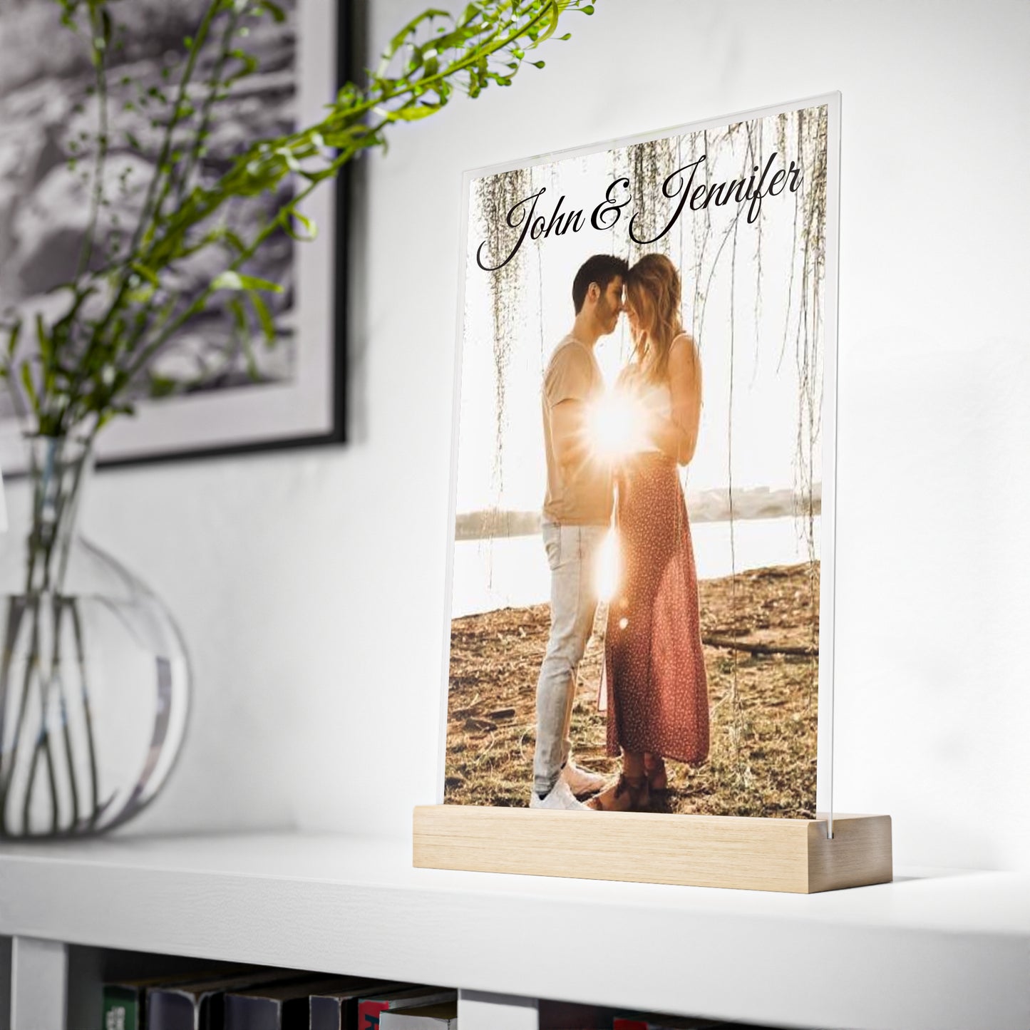 Personalized Couples Photo Acrylic Sign with Wooden Stand | Custom Name Display