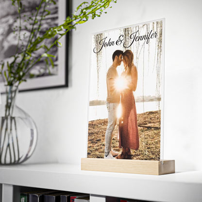 Personalized Couples Photo Acrylic Sign with Wooden Stand | Custom Name Display