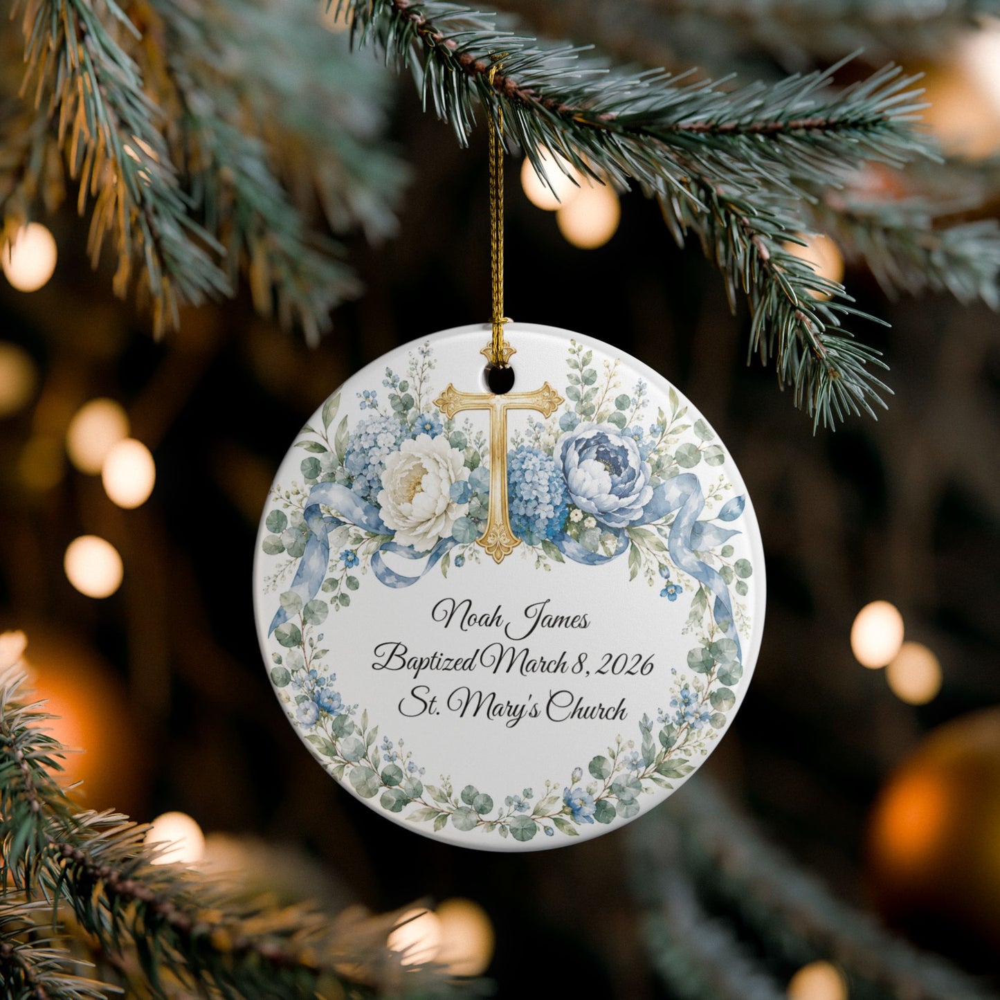 Personalized Baptism Ornament for Boy, Blue Cross Christening Keepsake with Name & Date, Ceramic Godson Gift, Baby Dedication Ornament