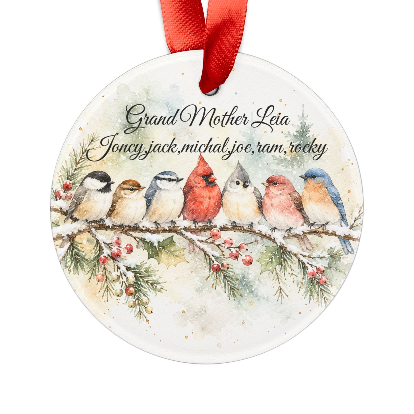 Watercolor Winter Birds Acrylic Ornament | Personalized Family Names