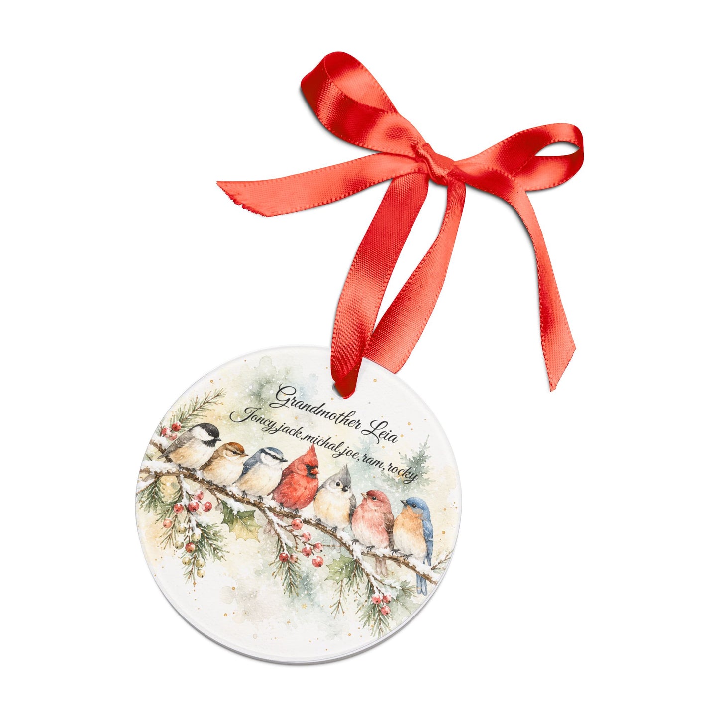 Watercolor Winter Birds Acrylic Ornament | Personalized Family Names