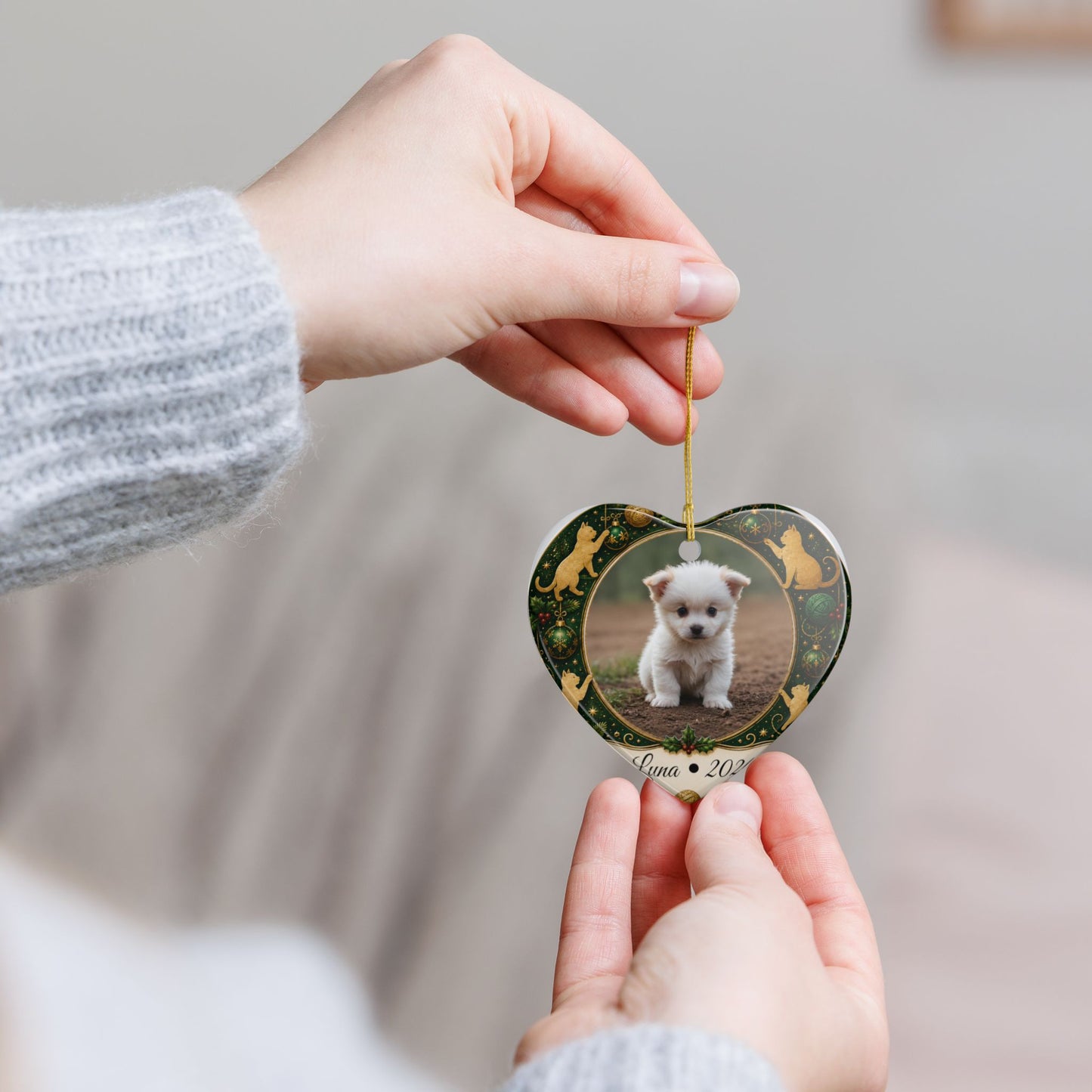Personalized Puppy Photo Ornament, Ceramic Christmas Ornament | Cat Motif