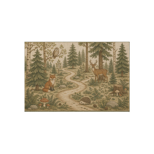 Woodland Animals Outdoor Rug | Fox, Deer, Owl Trail Scene