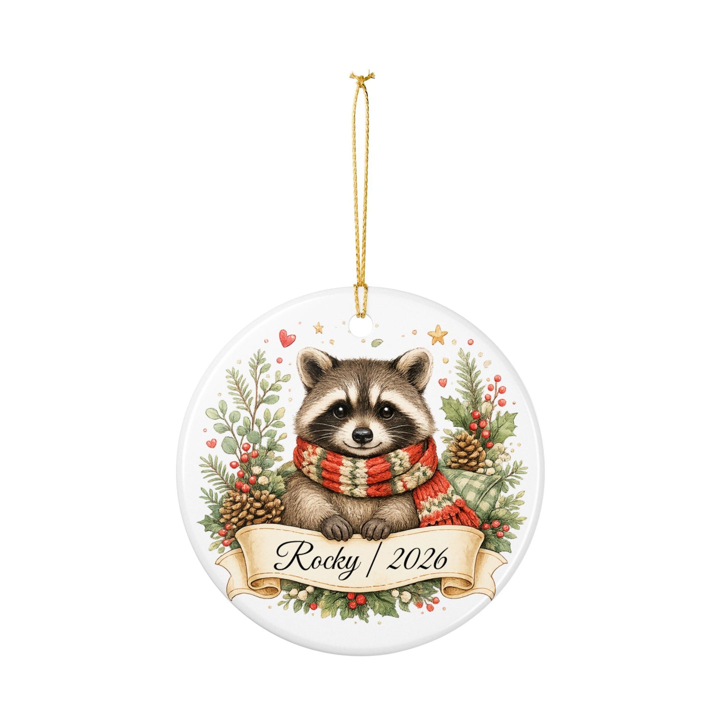 Raccoon Christmas Ornament Personalized with Name, Cute Cozy Ceramic Keepsake, Raccoon Lover Woodland Gift 2026