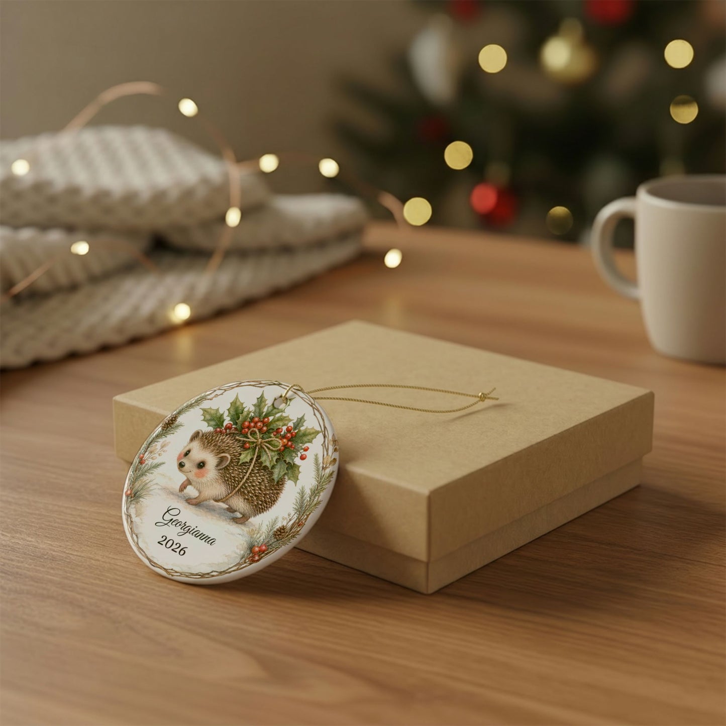 Baby First Christmas Ornament Personalized with Name, Hedgehog Holly Keepsake 2026, Woodland New Baby Shower Gift