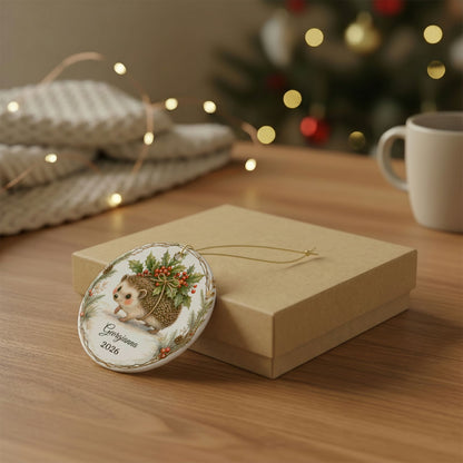 Baby First Christmas Ornament Personalized with Name, Hedgehog Holly Keepsake 2026, Woodland New Baby Shower Gift