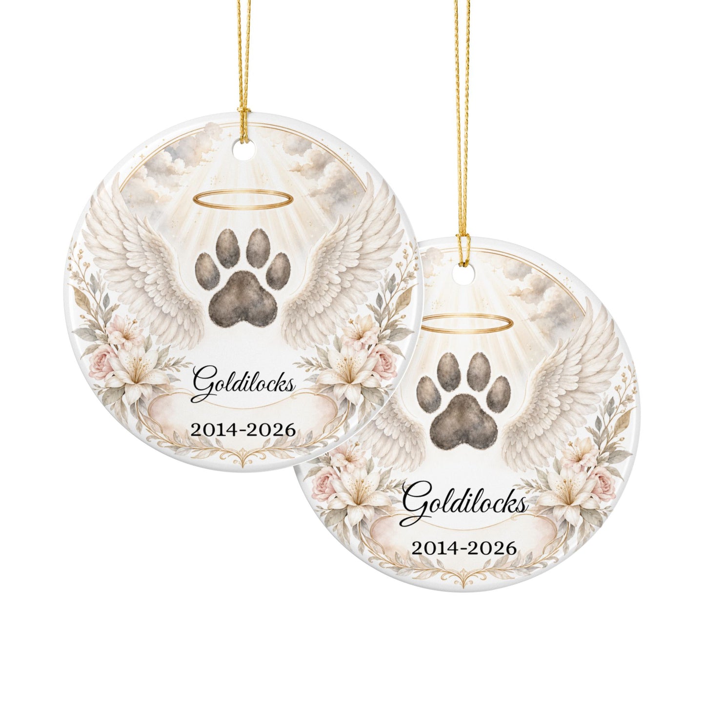 Pet Memorial Ornament Personalized, Paw Print Angel Wings Keepsake with Name, Dog Cat Loss Sympathy Gift, Remembrance