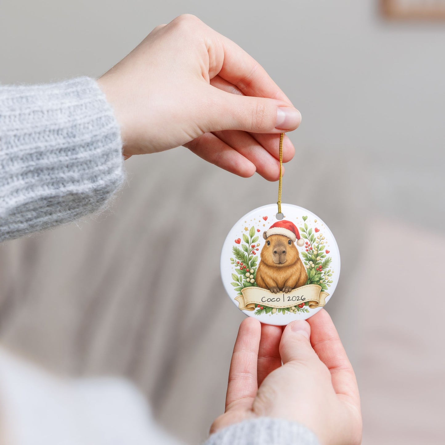 Capybara Christmas Ornament Personalized with Name, Cute Santa Hat Ceramic Keepsake, Capybara Lover Gift 2026