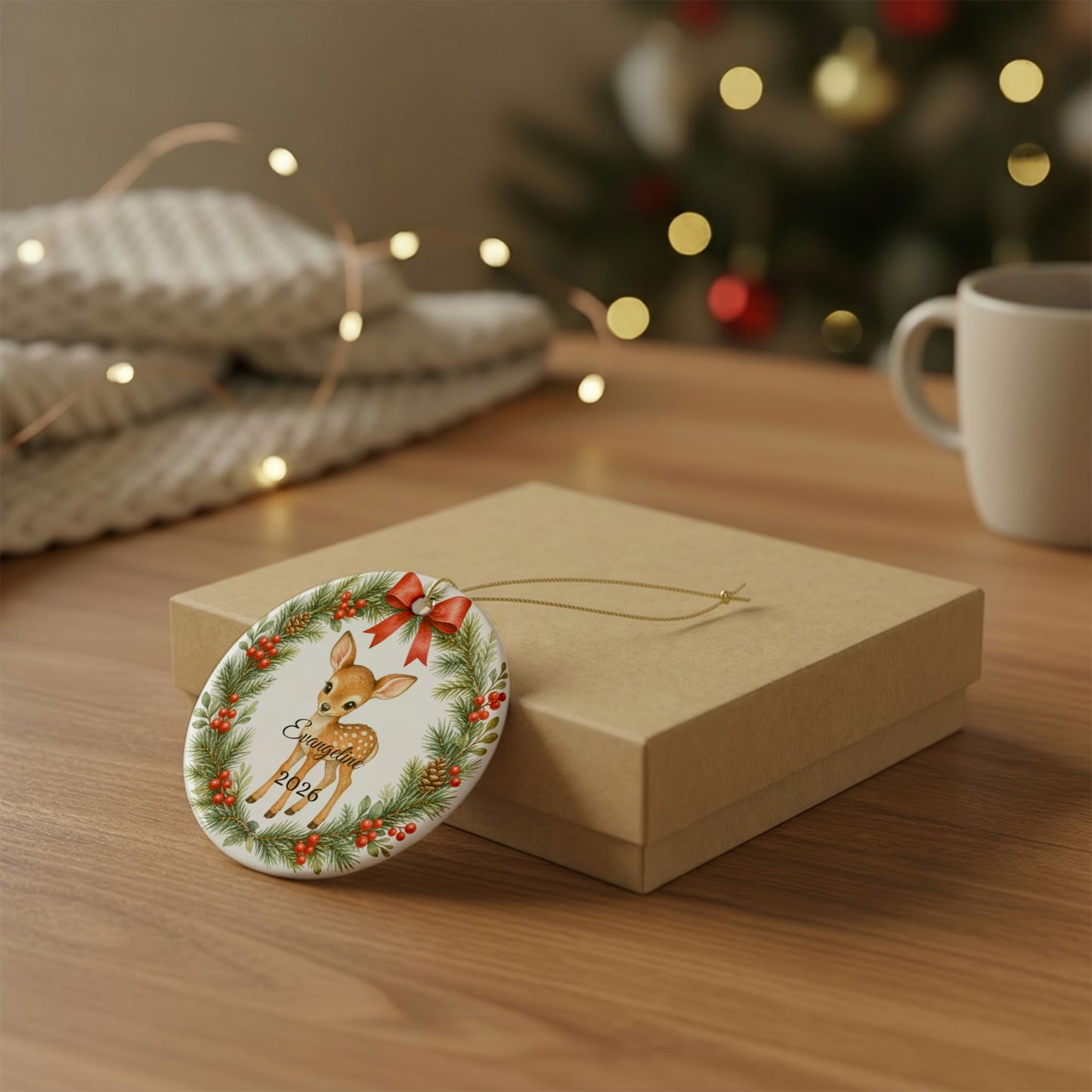 Baby First Christmas Ornament Personalized with Name, Woodland Deer Fawn Wreath Keepsake 2026, New Baby Woodland Gift