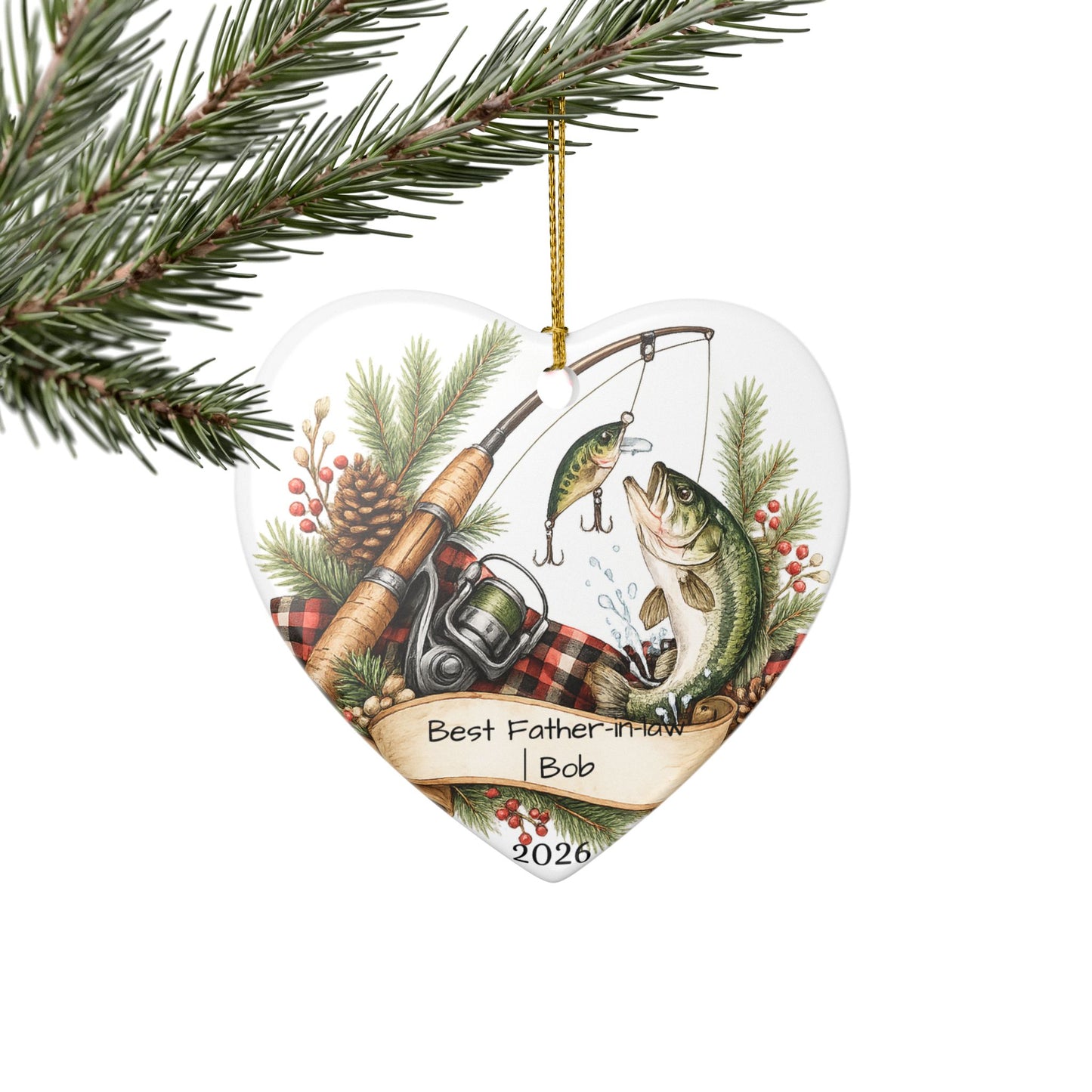Fishing Father in Law Ornament Personalized, Rustic Ceramic Keepsake with Name, Fisherman FIL Gift 2026
