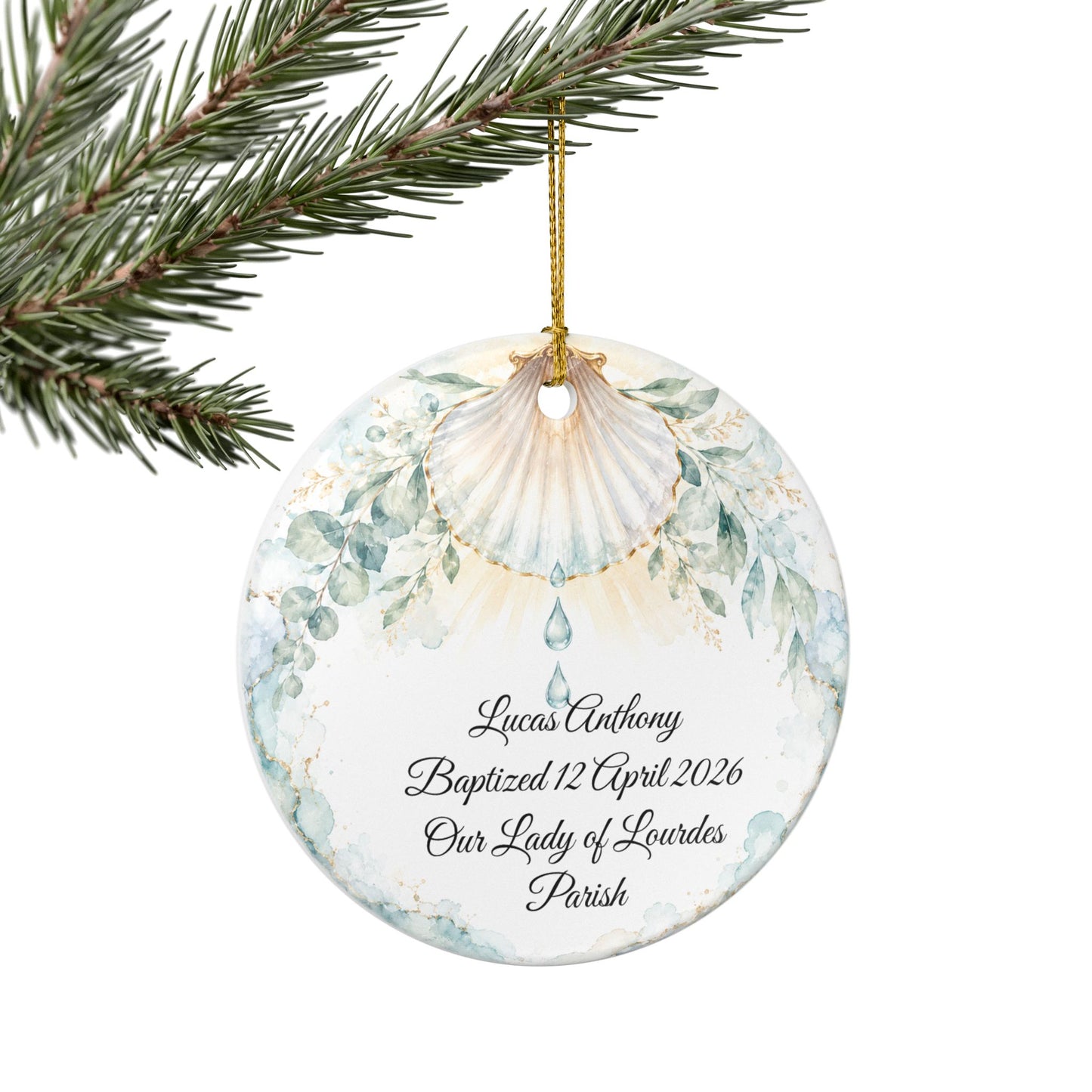 Baptism Shell Ornament Personalized, Traditional Christening Symbol Keepsake with Name & Date, Ceramic Catholic Baptism Gift for Baby
