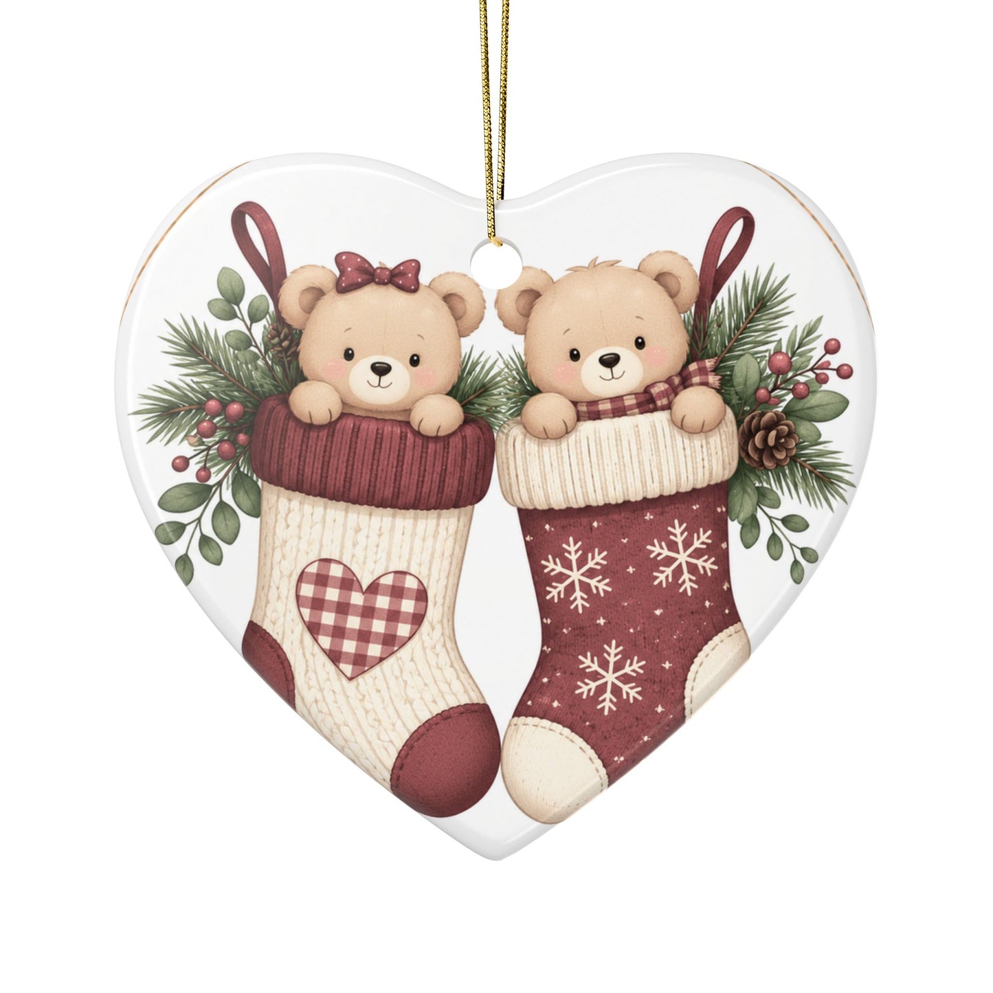 Teddy Bears in Christmas Stockings Ornament | Ceramic Round Holiday Decoration