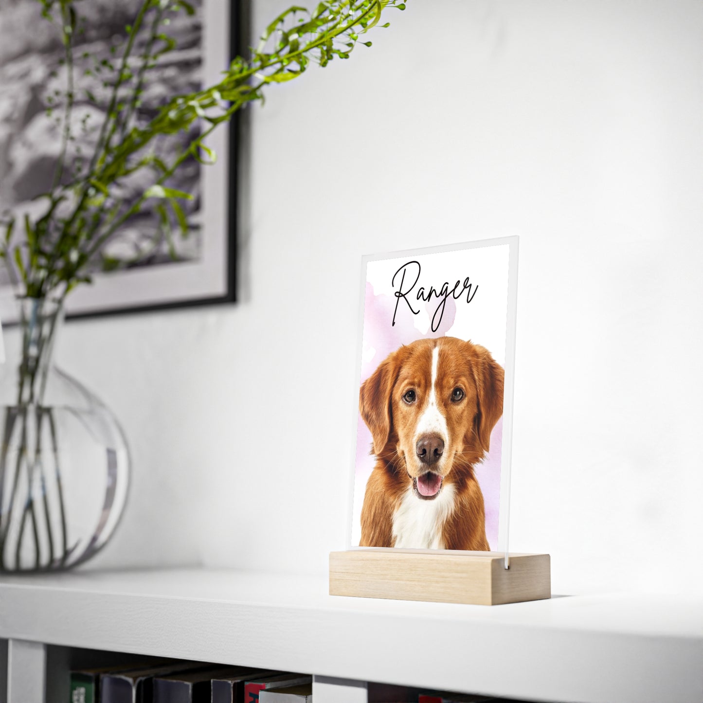Personalized Dog Portrait Acrylic Sign with Wooden Stand | Pet Name Display