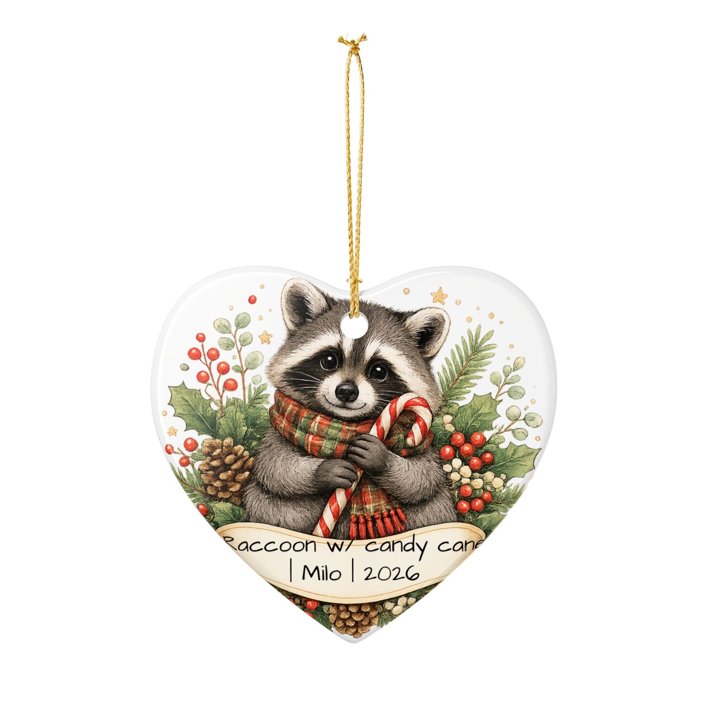 Raccoon with Candy Cane Christmas Ornament Personalized, Cute Ceramic Keepsake with Name, Raccoon Lover Gift 2026