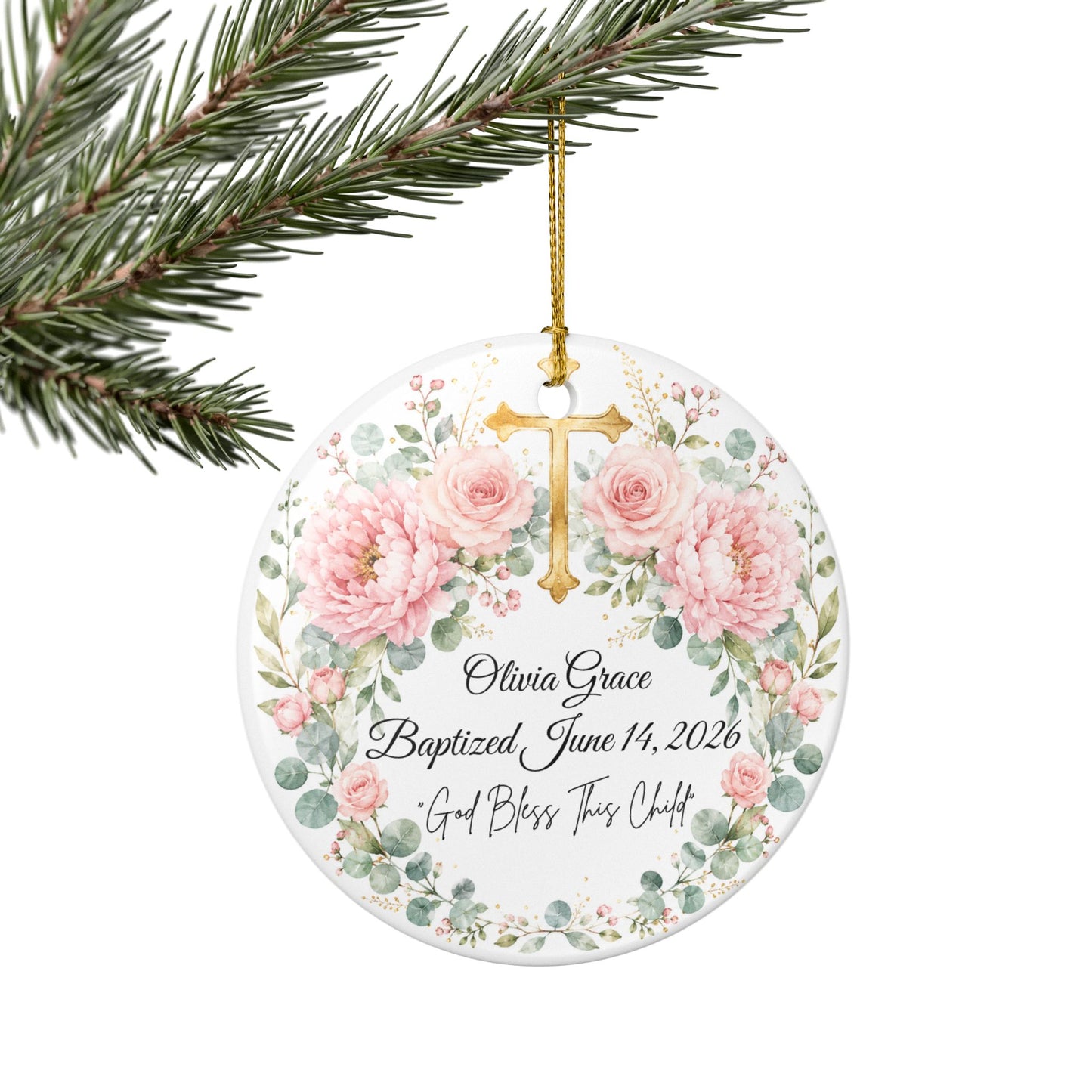 Personalized Baptism Ornament for Girl, Pink Floral Cross Christening Keepsake with Name & Date, Ceramic Godchild Gift, Baby Dedication