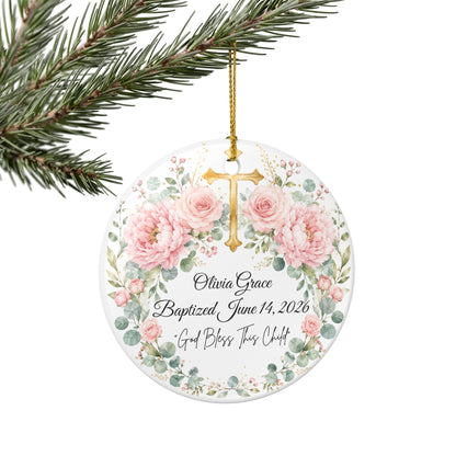 Personalized Baptism Ornament for Girl, Pink Floral Cross Christening Keepsake with Name & Date, Ceramic Godchild Gift, Baby Dedication