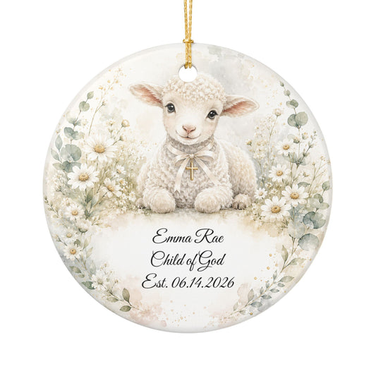 Lamb Baptism Ornament Personalized with Name, Watercolor Christening Keepsake, Ceramic Baby Dedication Gift, First Christmas Religious Gift