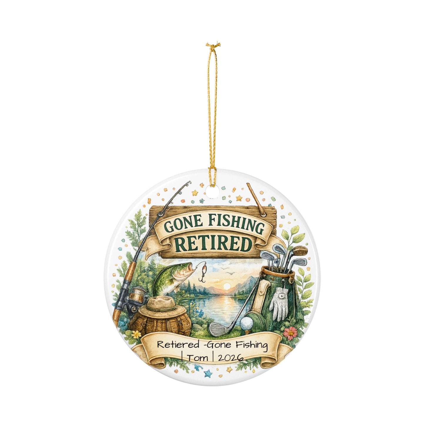Retirement Ornament 2026 Personalized with Name, Fishing Golf Ceramic Keepsake, Retired Gift for Him, Dad Grandpa