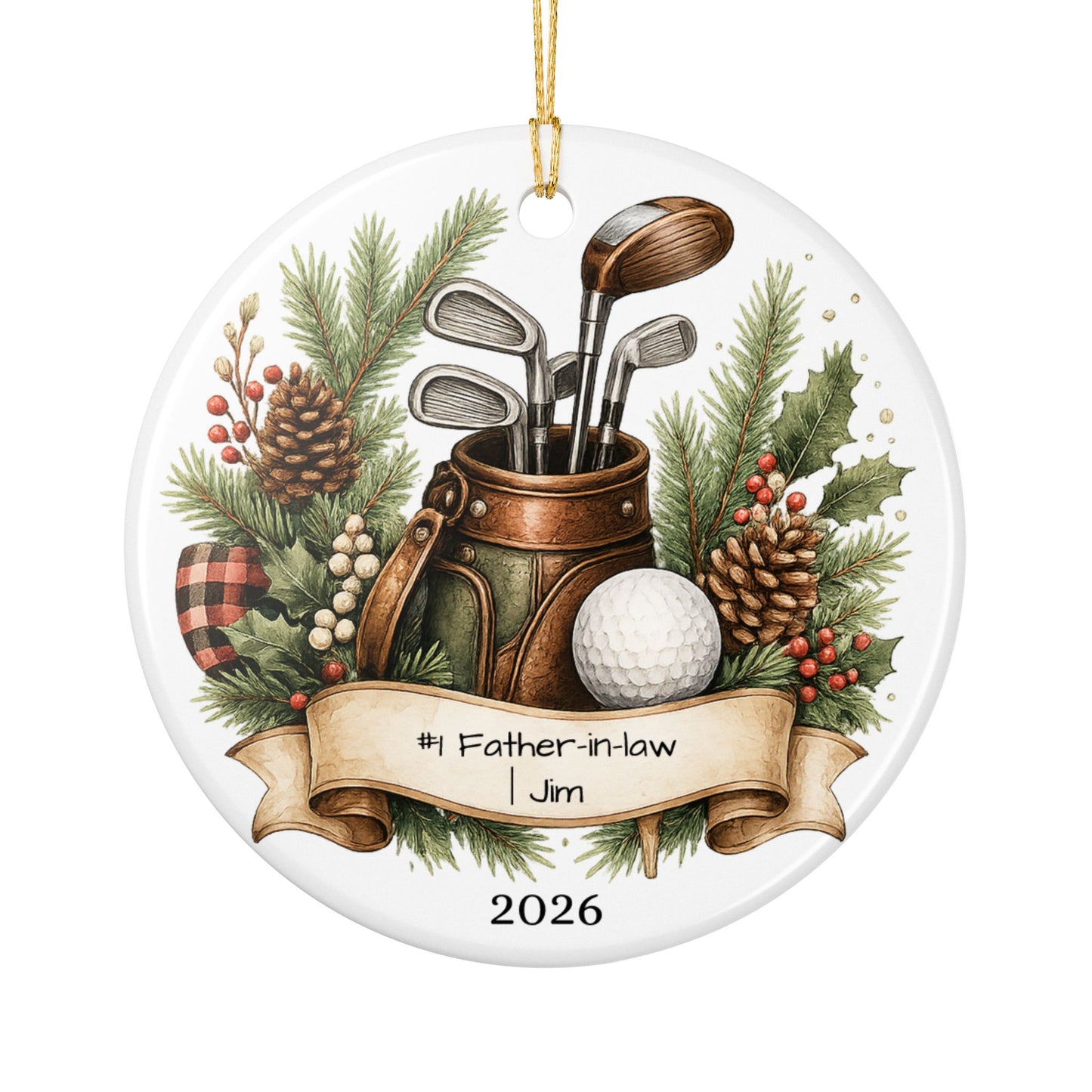 Golf Father in Law Ornament Personalized, Rustic Ceramic Keepsake with Name, Golfer FIL Christmas Gift 2026