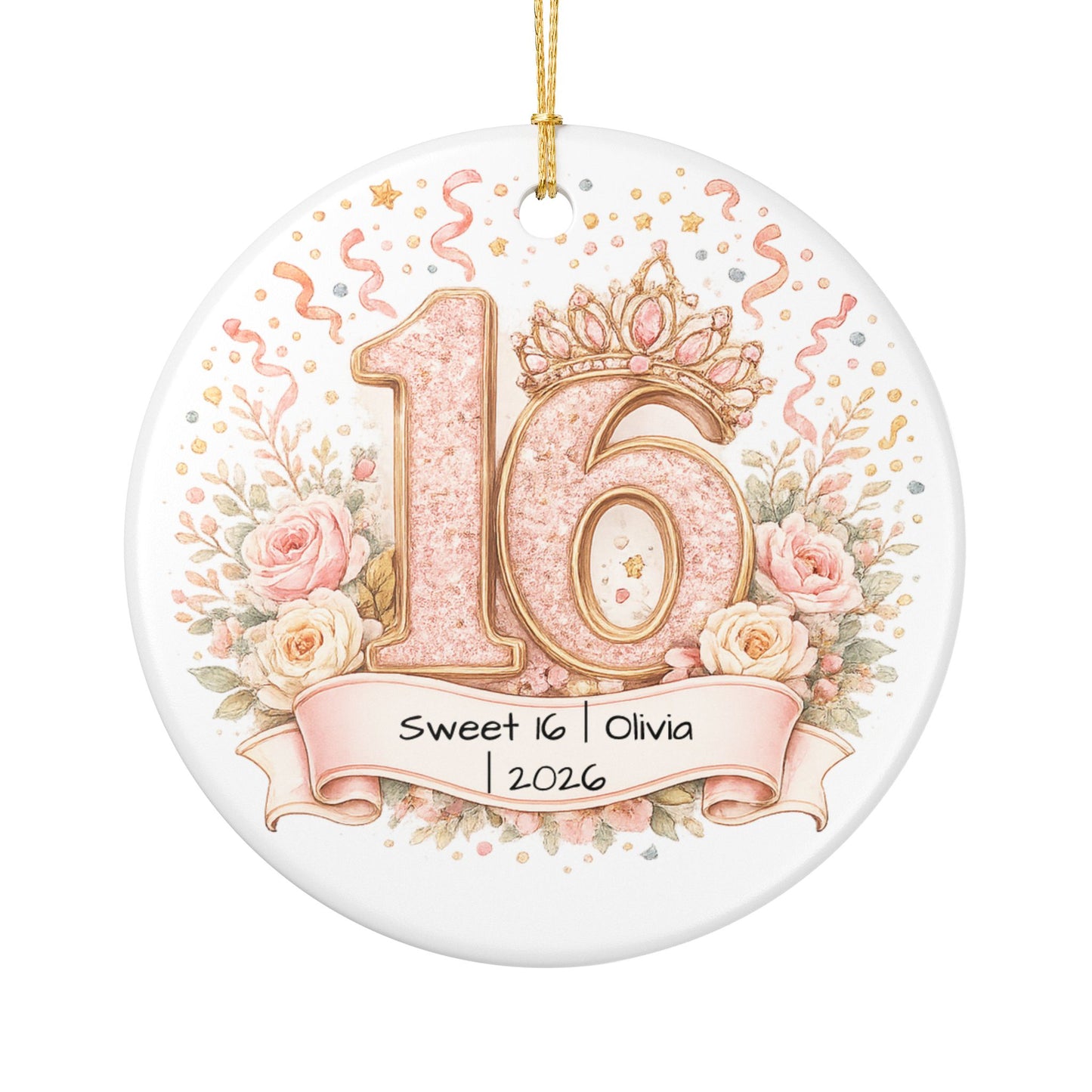 Sweet 16 Christmas Ornament Personalized with Name Year, Ceramic Birthday Keepsake, 16th Birthday Gift for Teen Girl