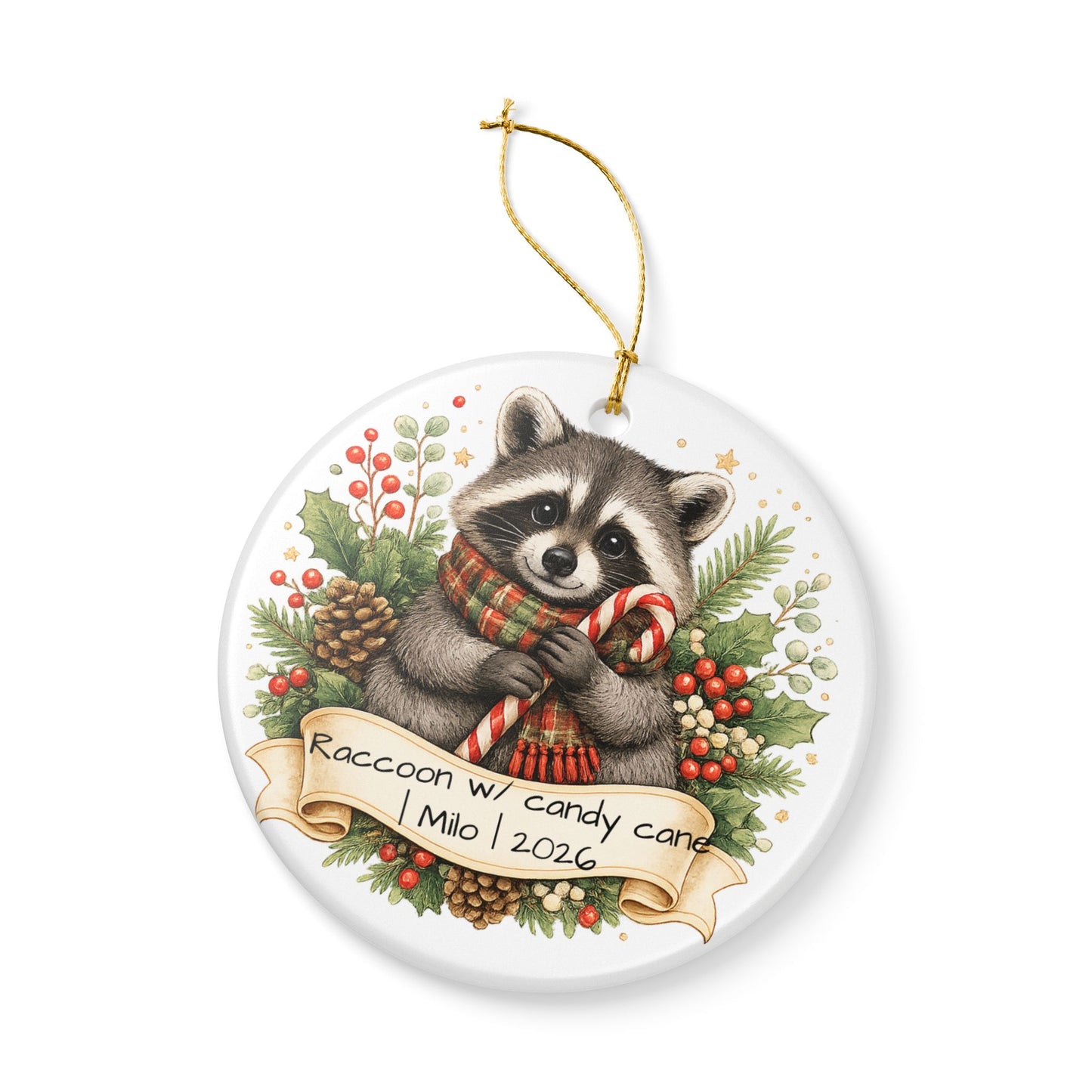 Raccoon with Candy Cane Christmas Ornament Personalized, Cute Ceramic Keepsake with Name, Raccoon Lover Gift 2026