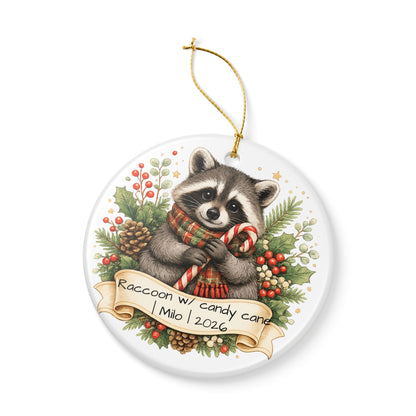 Raccoon with Candy Cane Christmas Ornament Personalized, Cute Ceramic Keepsake with Name, Raccoon Lover Gift 2026