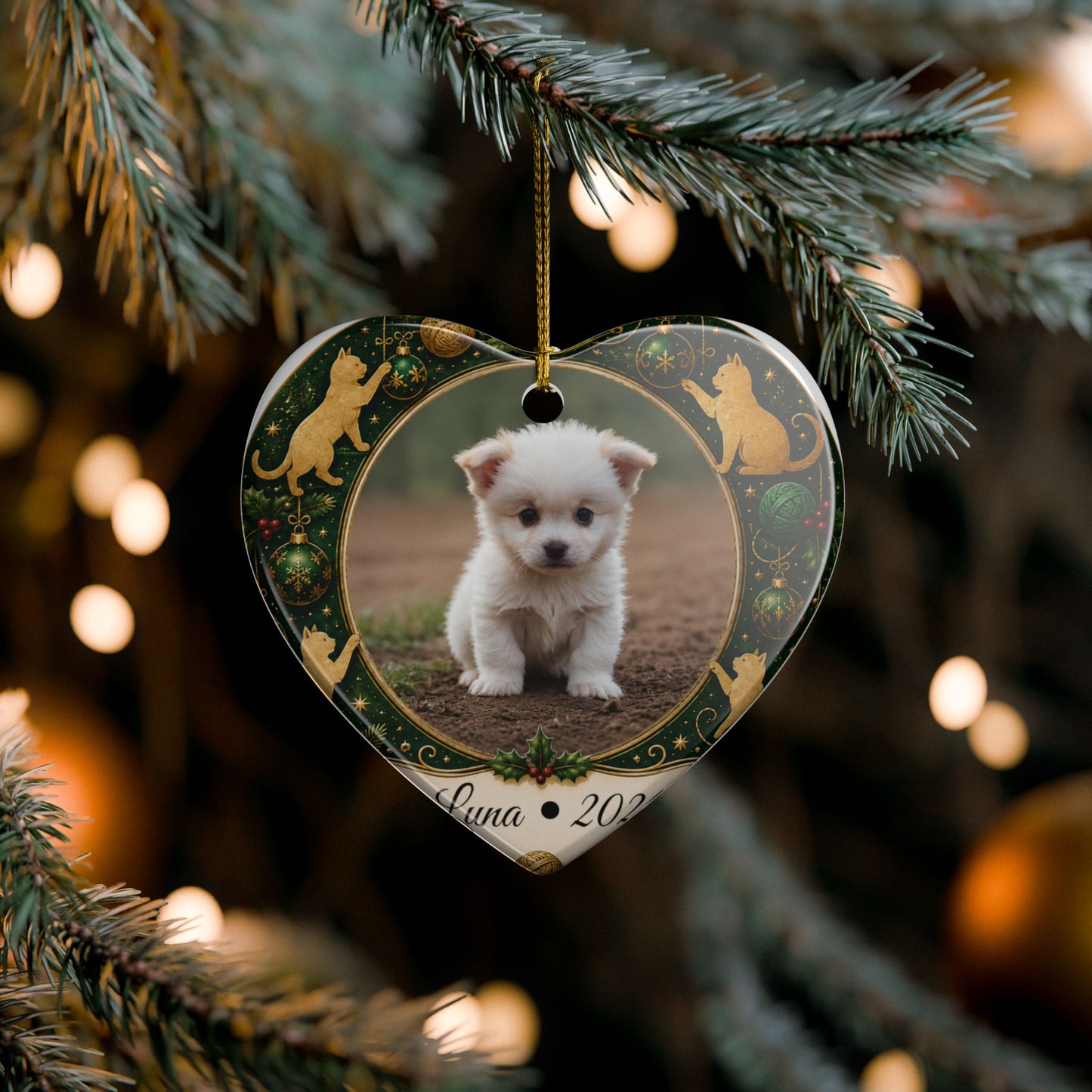 Personalized Puppy Photo Ornament, Ceramic Christmas Ornament | Cat Motif