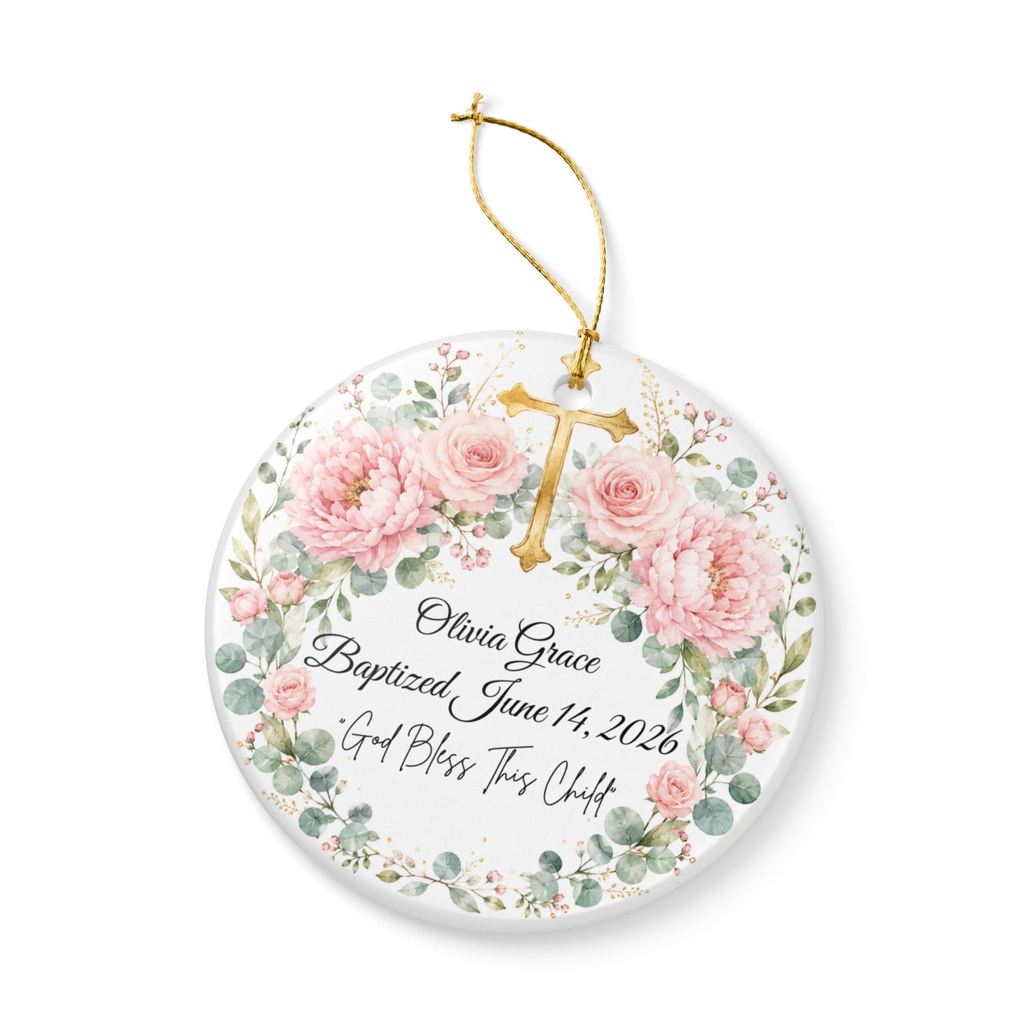 Personalized Baptism Ornament for Girl, Pink Floral Cross Christening Keepsake with Name & Date, Ceramic Godchild Gift, Baby Dedication