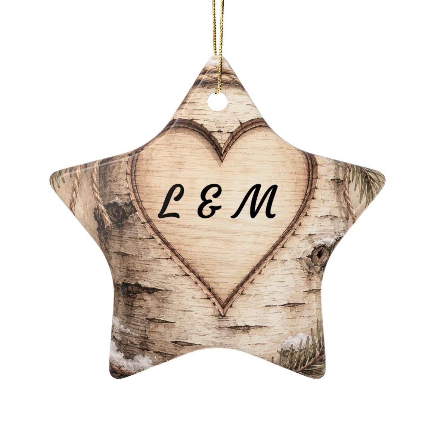 Rustic Carved Heart Initials Ornament | Ceramic Ornament