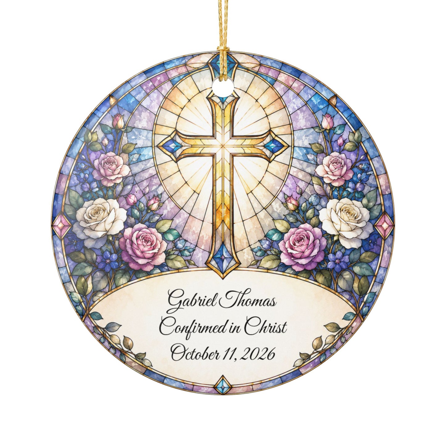 Stained Glass Baptism Ornament Personalized, Church Window Christening Keepsake with Name, Ceramic Religious Gift, Confirmation Ornament