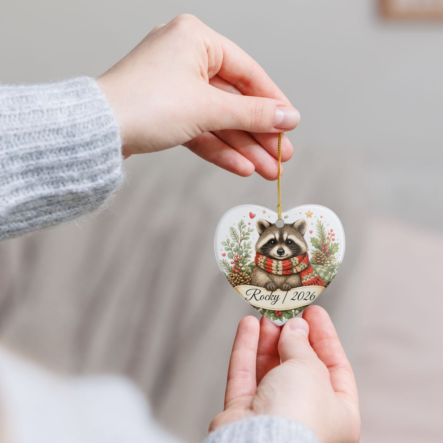 Raccoon Christmas Ornament Personalized with Name, Cute Cozy Ceramic Keepsake, Raccoon Lover Woodland Gift 2026