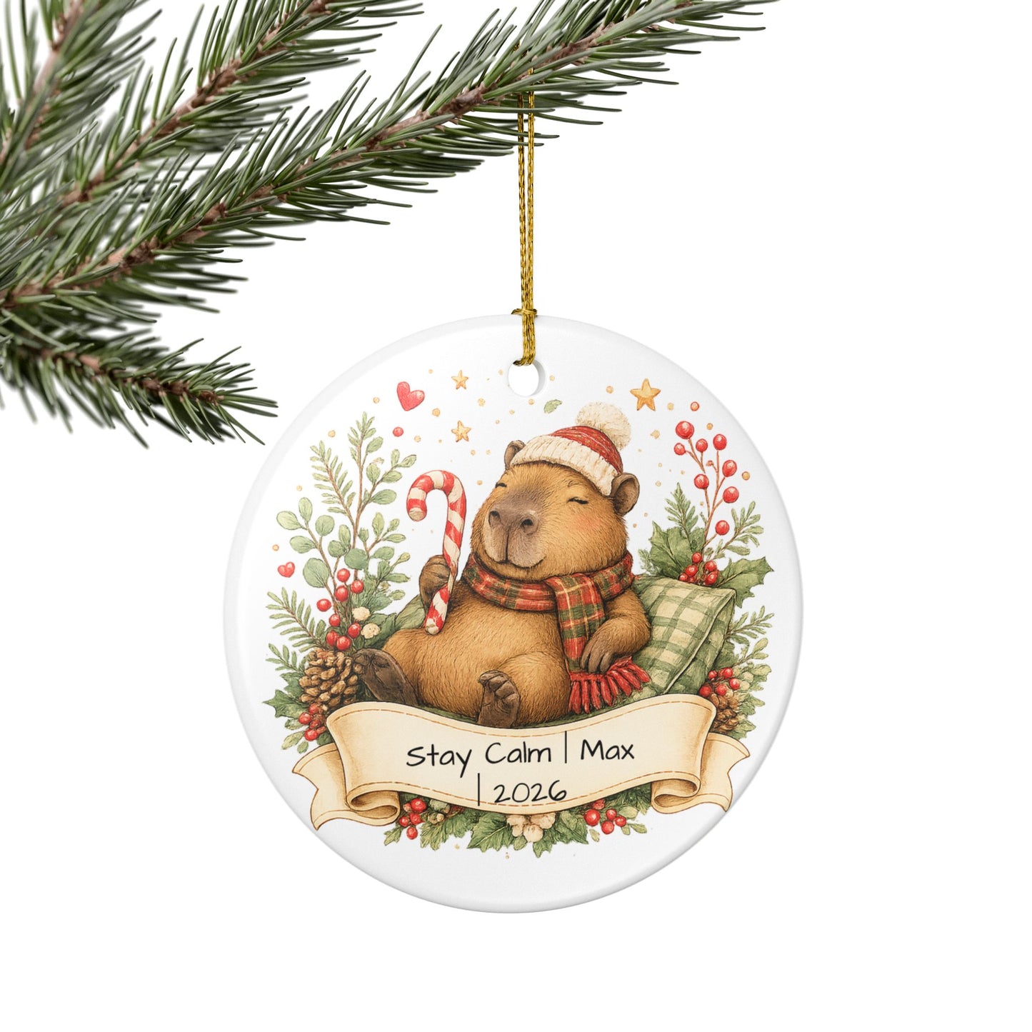 Funny Capybara Christmas Ornament Personalized with Name, Cute Ceramic Keepsake, Stay Calm Capybara Gift 2026