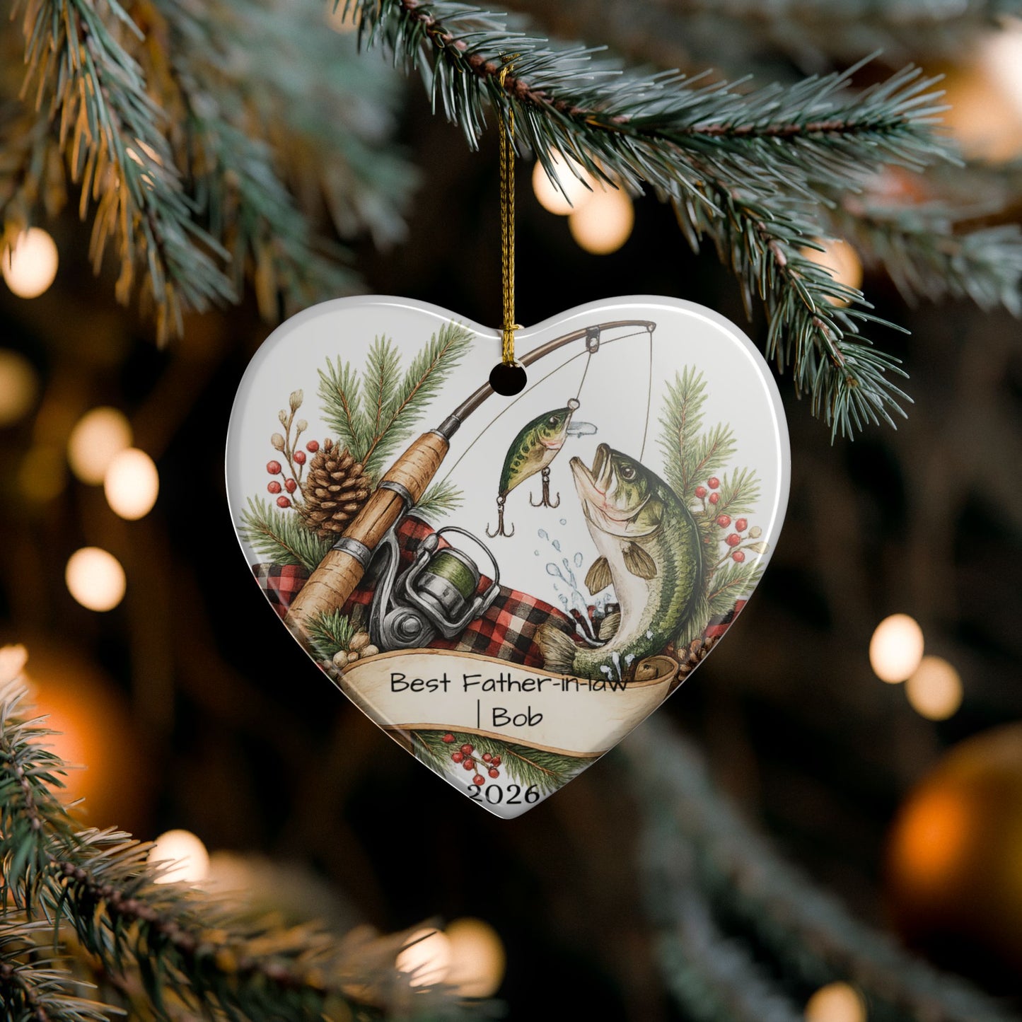Fishing Father in Law Ornament Personalized, Rustic Ceramic Keepsake with Name, Fisherman FIL Gift 2026