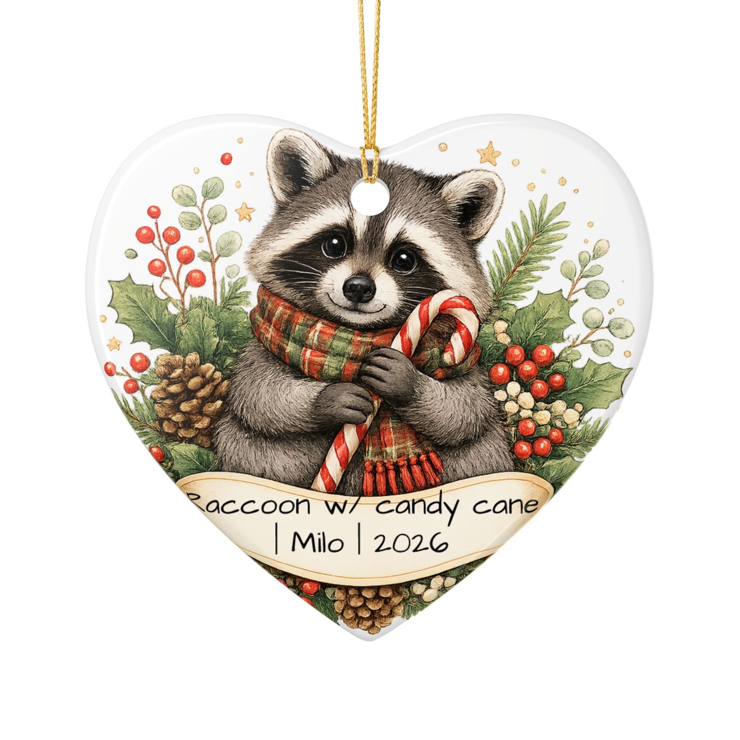 Raccoon with Candy Cane Christmas Ornament Personalized, Cute Ceramic Keepsake with Name, Raccoon Lover Gift 2026