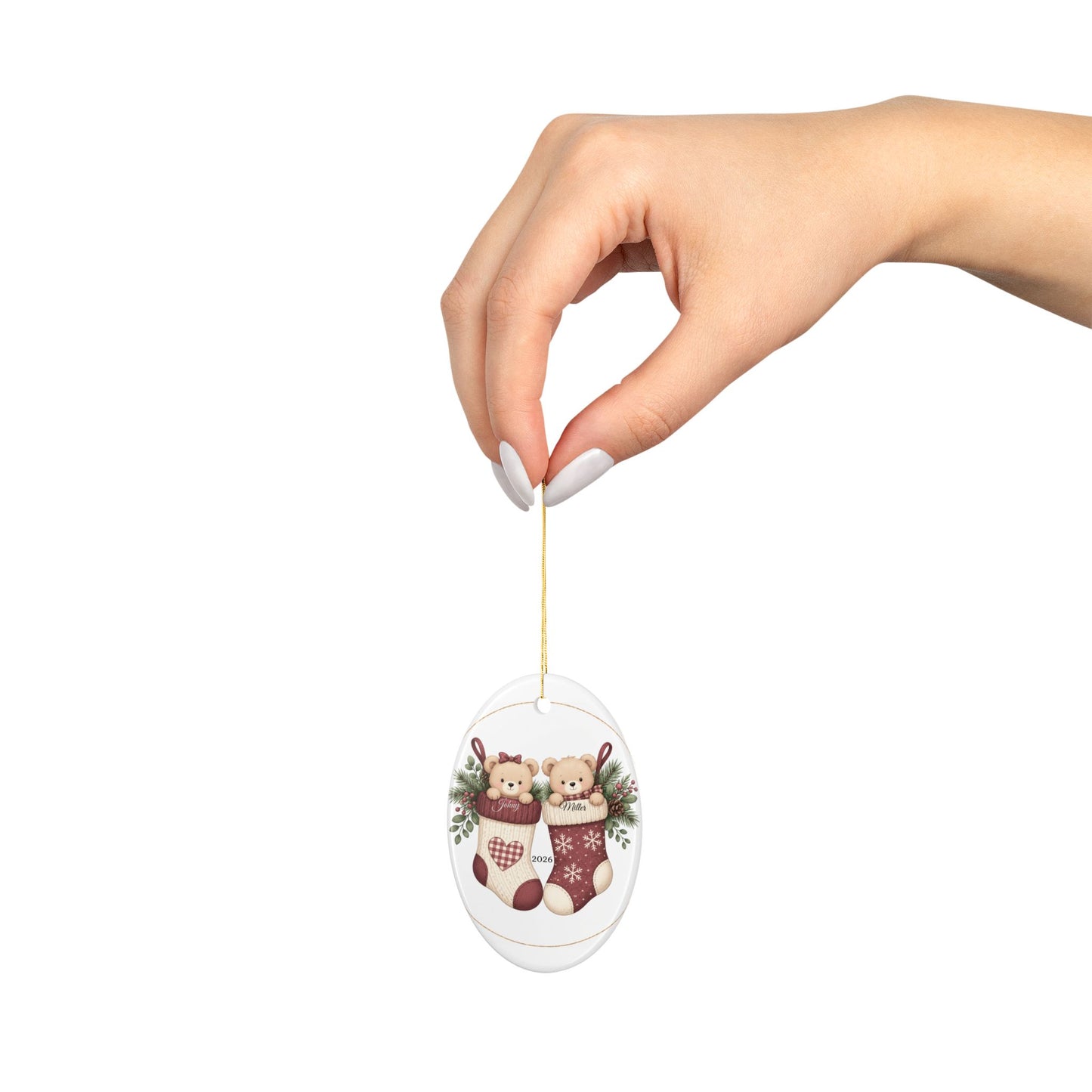 Teddy Bears in Christmas Stockings Ornament | Ceramic Round Holiday Decoration