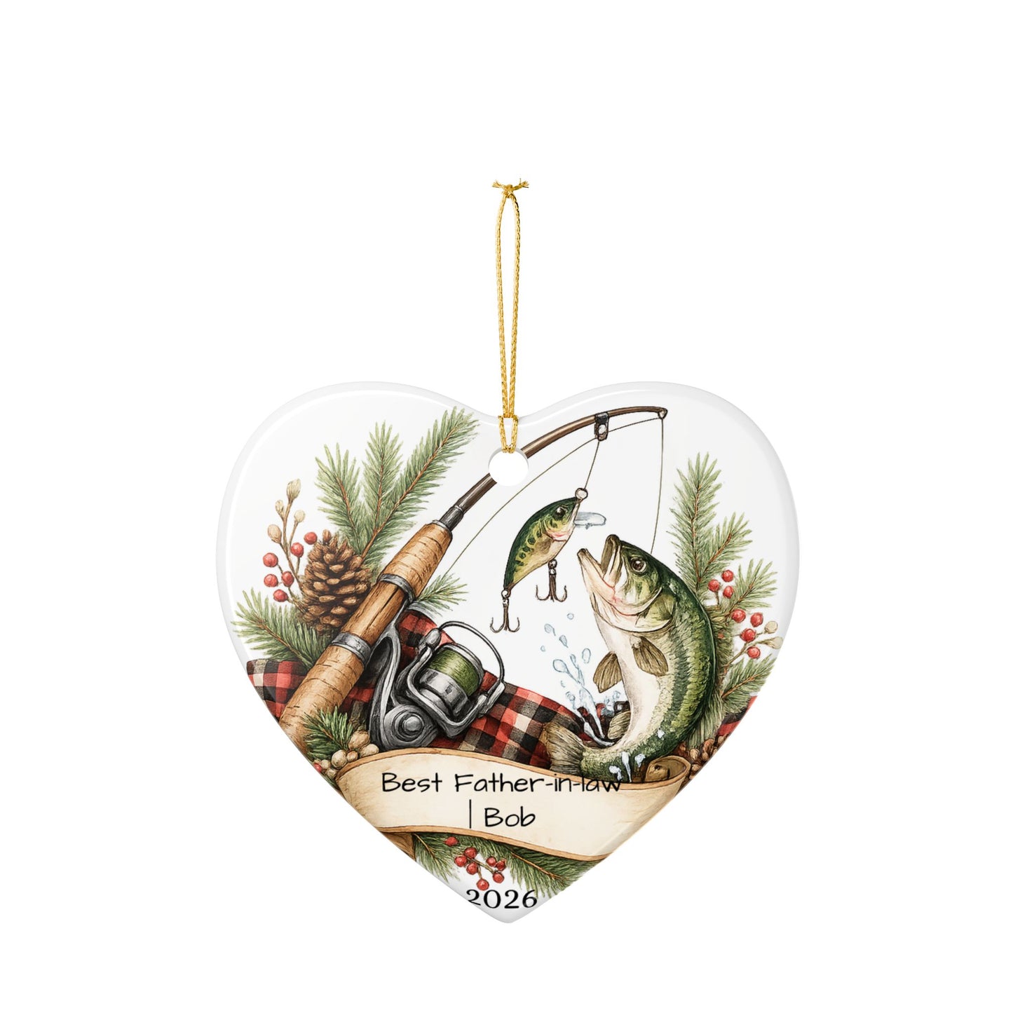 Fishing Father in Law Ornament Personalized, Rustic Ceramic Keepsake with Name, Fisherman FIL Gift 2026