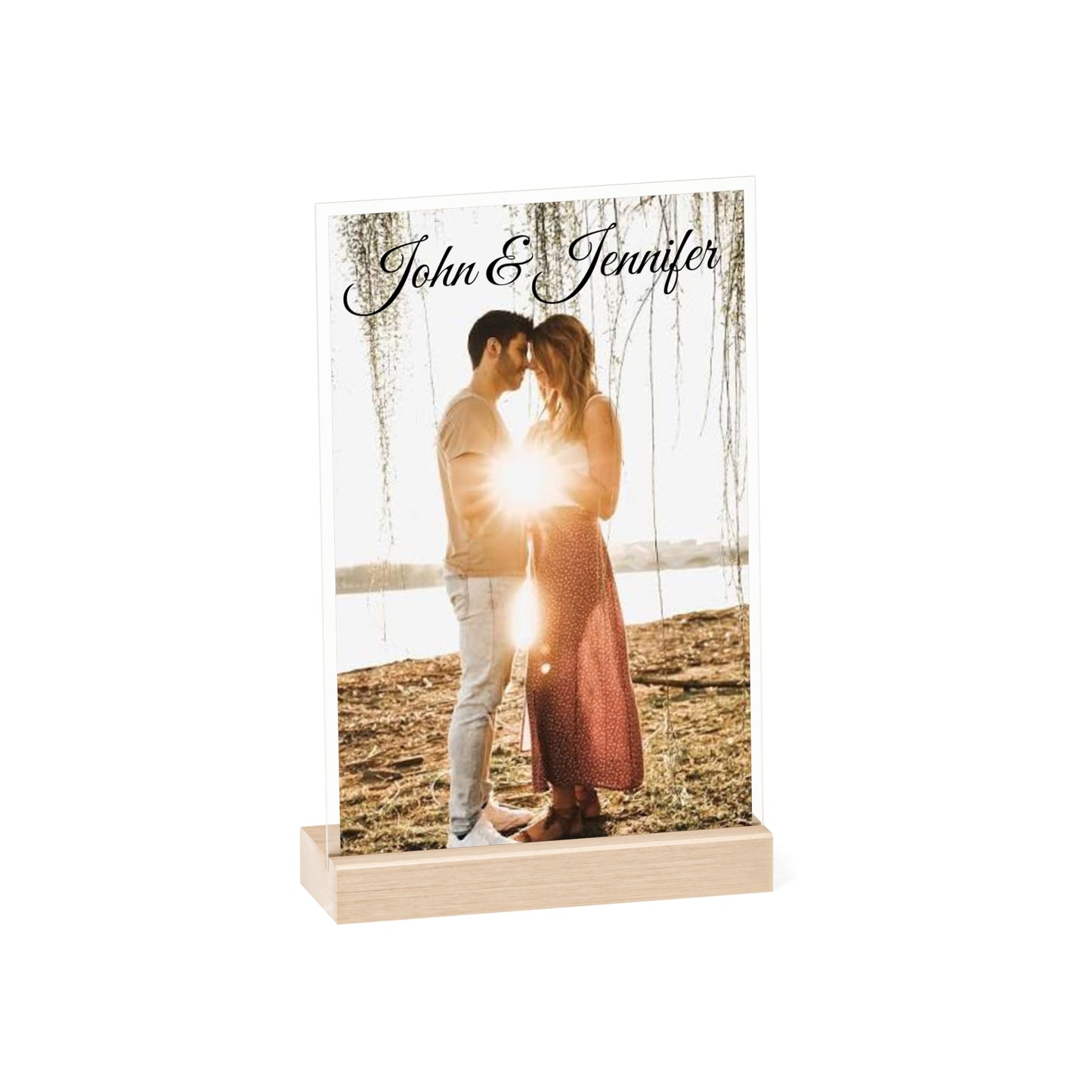 Personalized Couples Photo Acrylic Sign with Wooden Stand | Custom Name Display