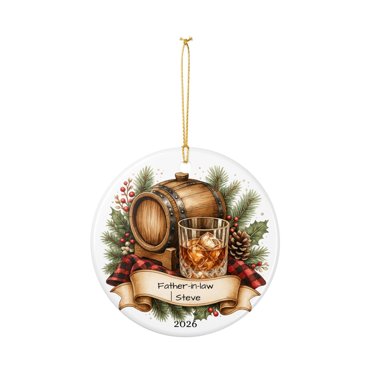 Whiskey Father in Law Ornament Personalized, Rustic Ceramic Keepsake with Name, Bourbon Lover FIL Gift 2026