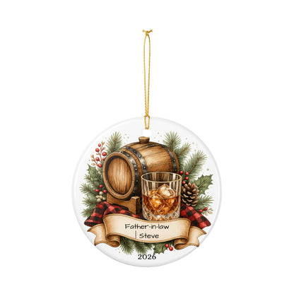 Whiskey Father in Law Ornament Personalized, Rustic Ceramic Keepsake with Name, Bourbon Lover FIL Gift 2026