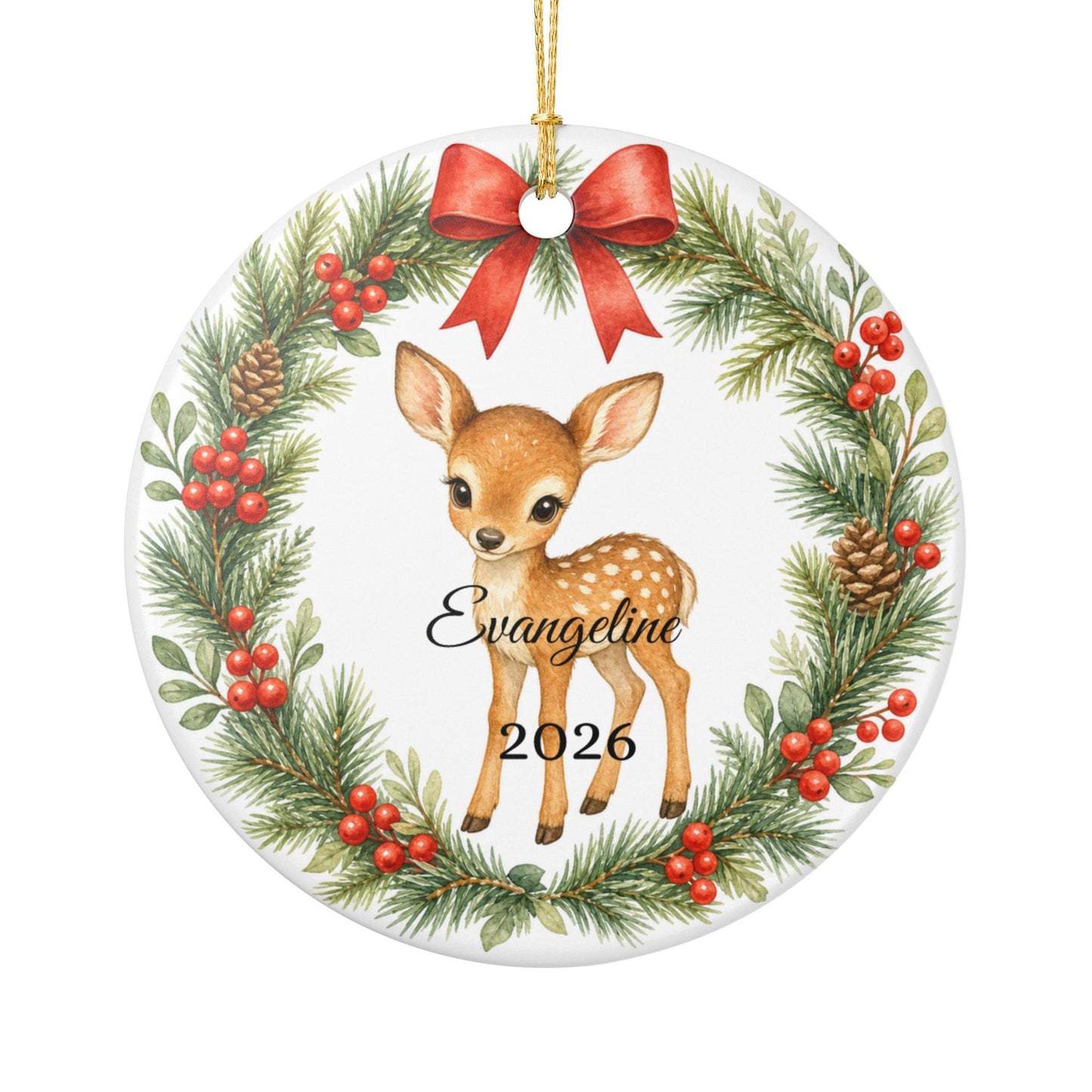 Baby First Christmas Ornament Personalized with Name, Woodland Deer Fawn Wreath Keepsake 2026, New Baby Woodland Gift