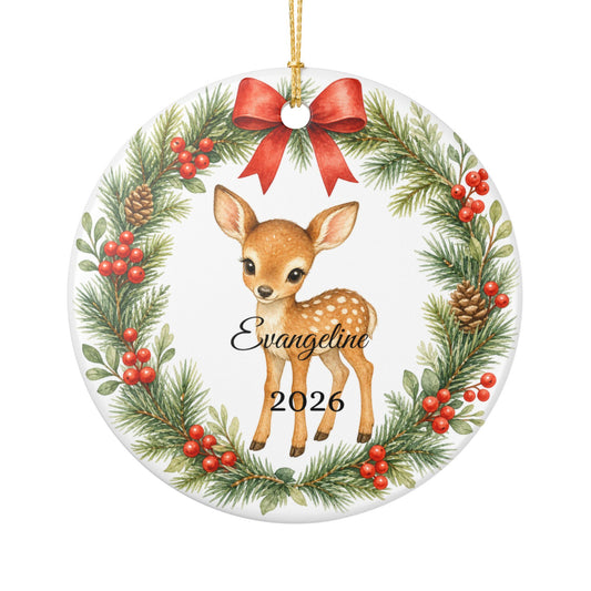 Baby First Christmas Ornament Personalized with Name, Woodland Deer Fawn Wreath Keepsake 2026, New Baby Woodland Gift