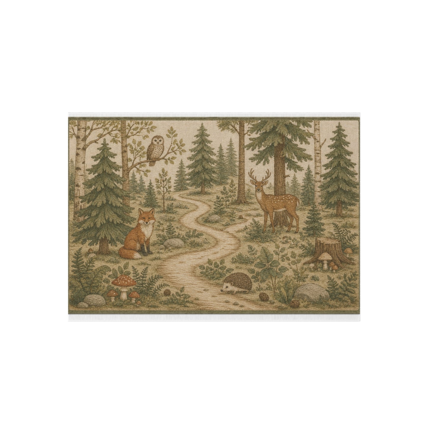 Woodland Animals Outdoor Rug | Fox, Deer, Owl Trail Scene