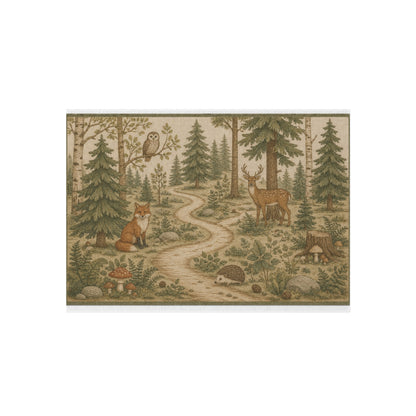 Woodland Animals Outdoor Rug | Fox, Deer, Owl Trail Scene