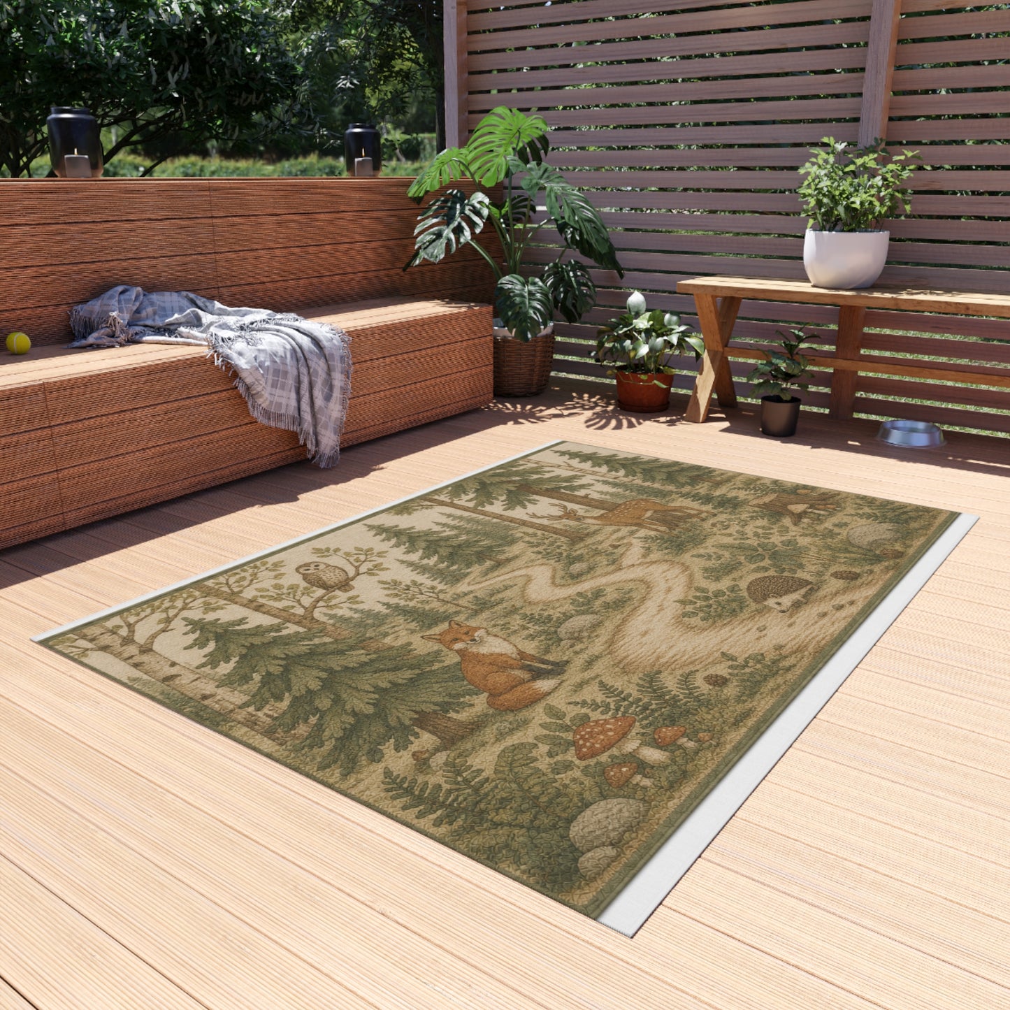 Woodland Animals Outdoor Rug | Fox, Deer, Owl Trail Scene