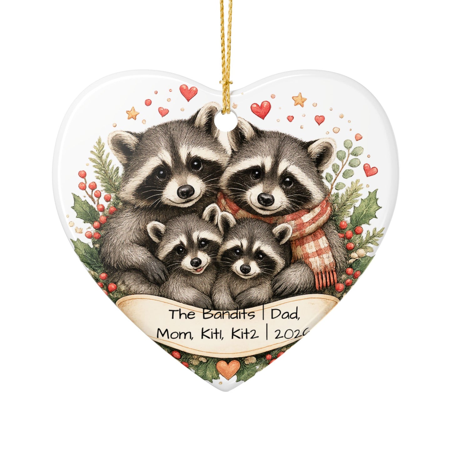 Raccoon Family Christmas Ornament Personalized with Names, Cute Ceramic Keepsake, Woodland Family Gift 2026