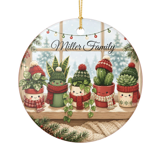 Cute Potted Succulent Family Ornament, Ceramic Heart Ornament | Christmas Window Sill Plants