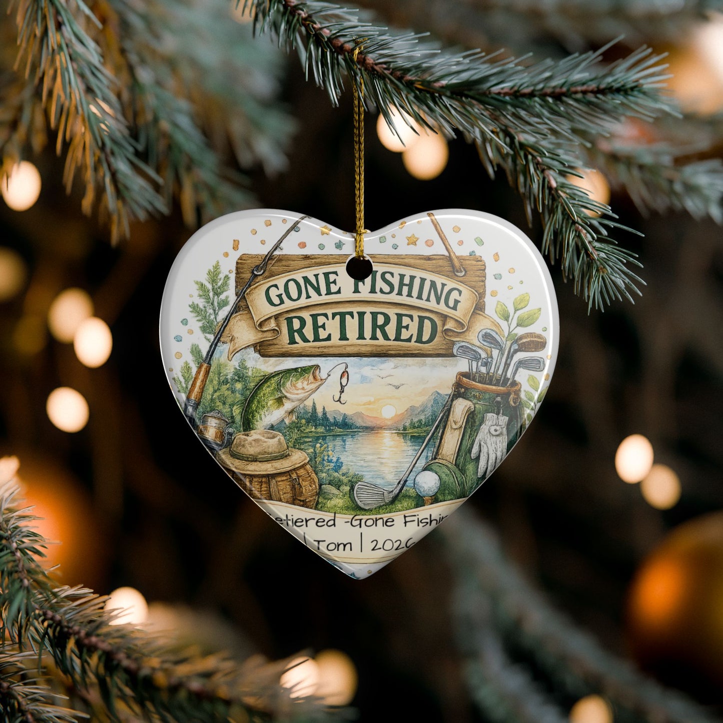 Retirement Ornament 2026 Personalized with Name, Fishing Golf Ceramic Keepsake, Retired Gift for Him, Dad Grandpa
