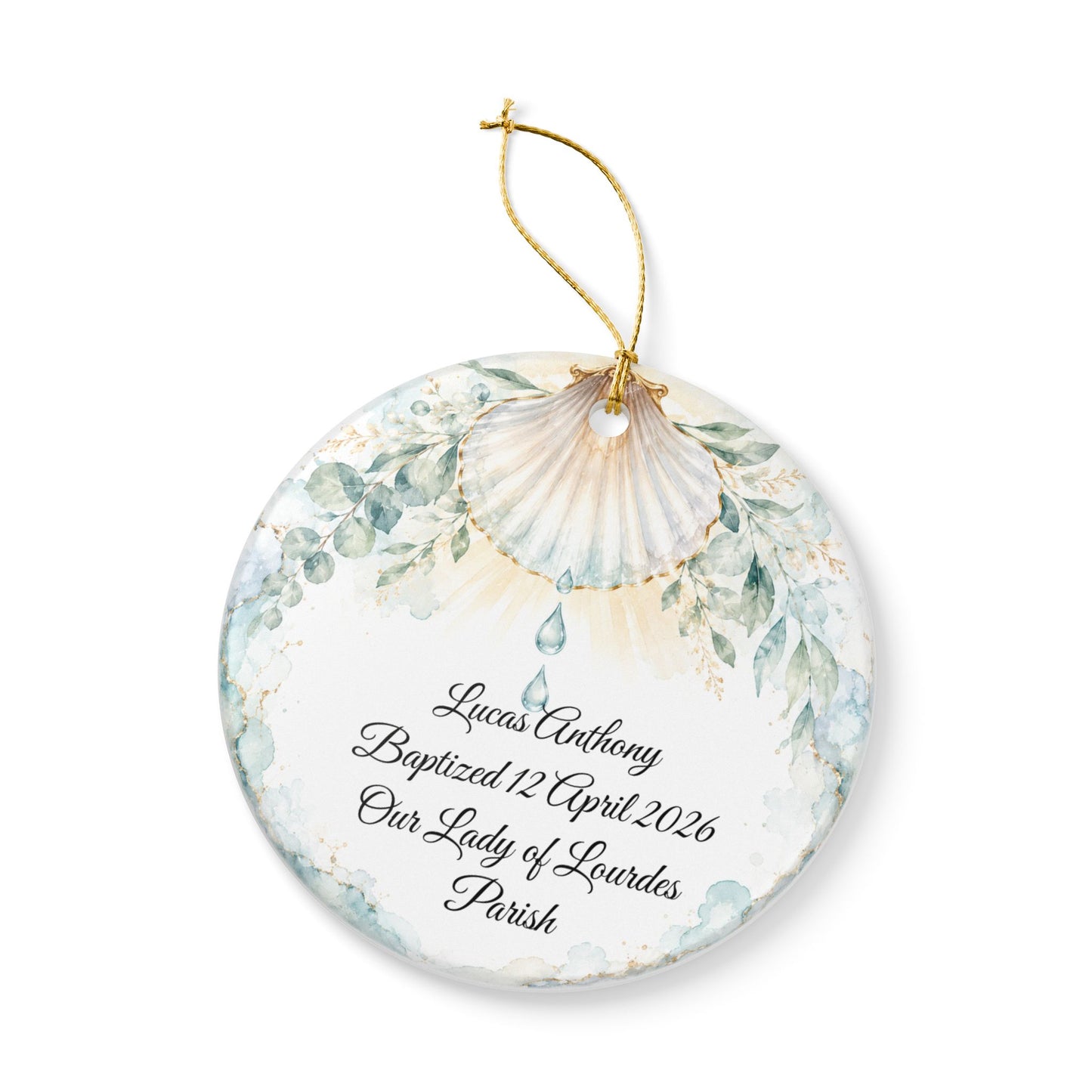 Baptism Shell Ornament Personalized, Traditional Christening Symbol Keepsake with Name & Date, Ceramic Catholic Baptism Gift for Baby