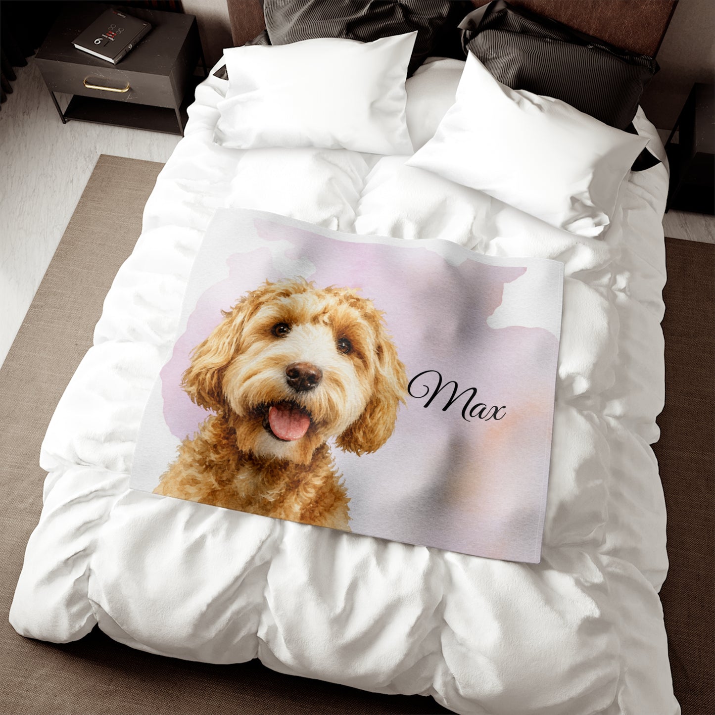 Personalized Dog Portrait Blanket | Watercolor Background, Pet Name